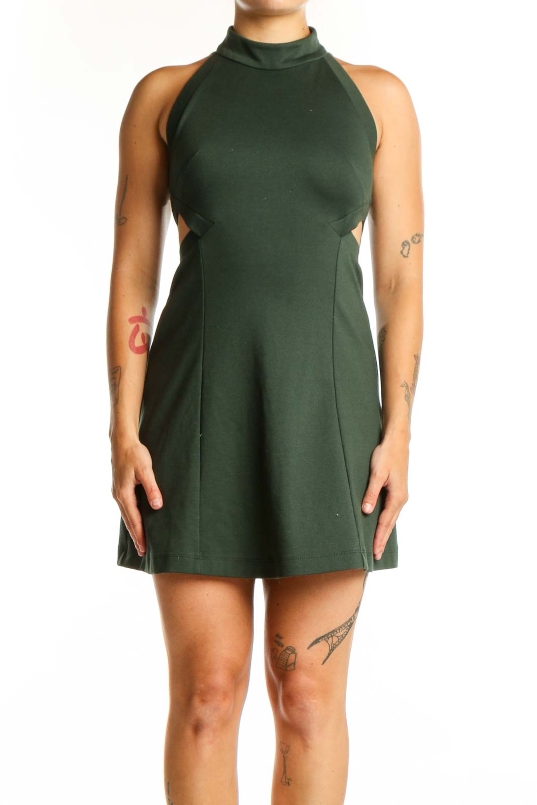 Front view of forest green halter knit A-line dress with high neckline and sleeveless design