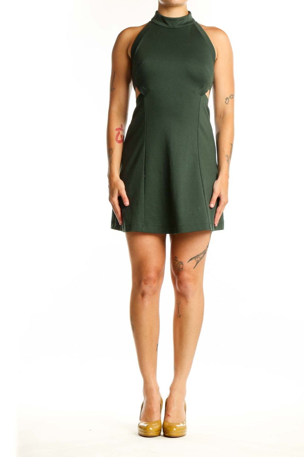 Front view of forest green halter knit A-line dress with high neckline and sleeveless design