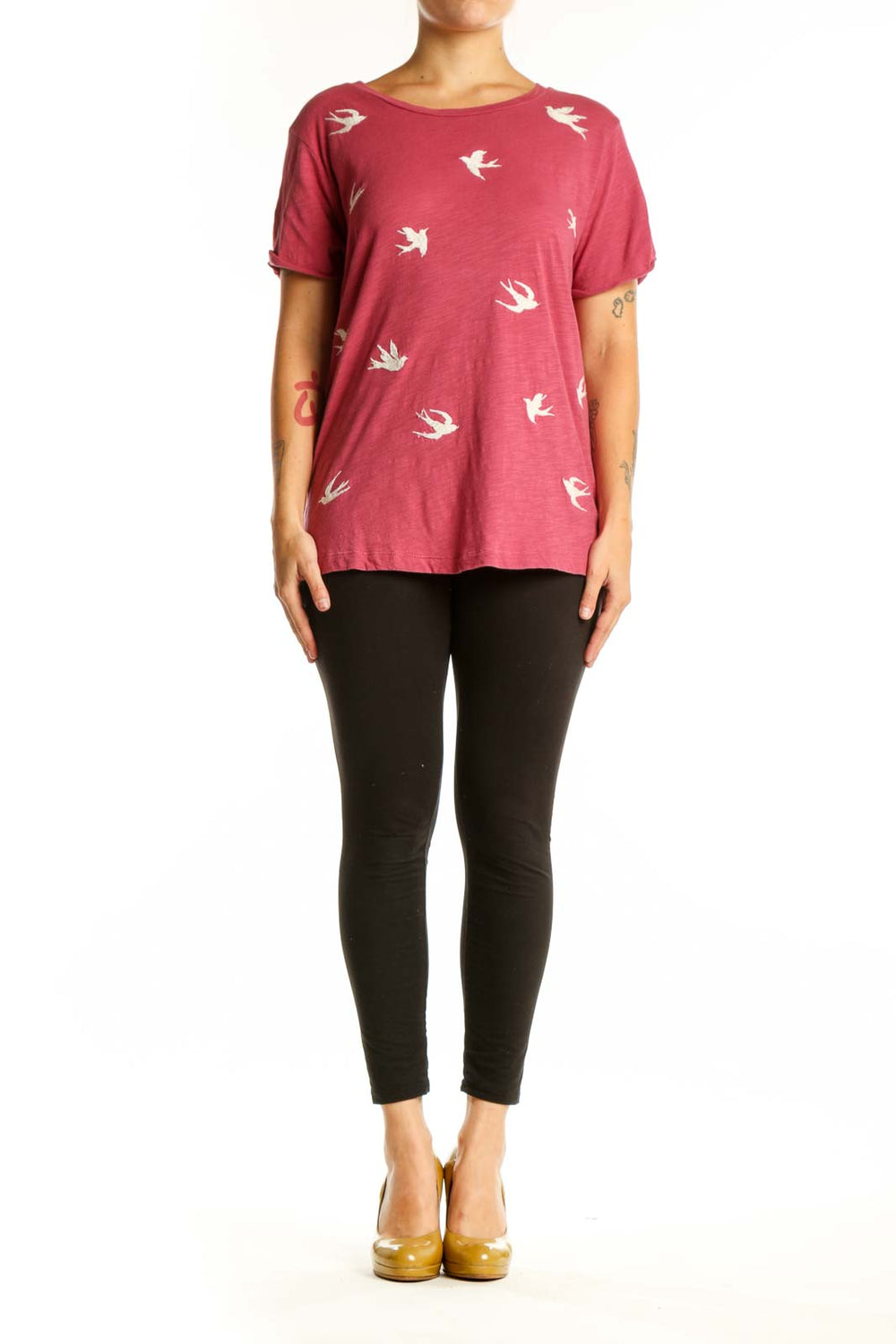 Burgundy short-sleeve tee with white bird print, front view on model