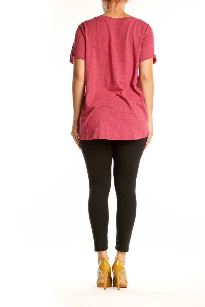 Burgundy bird print tee back view, showing scattered white bird design