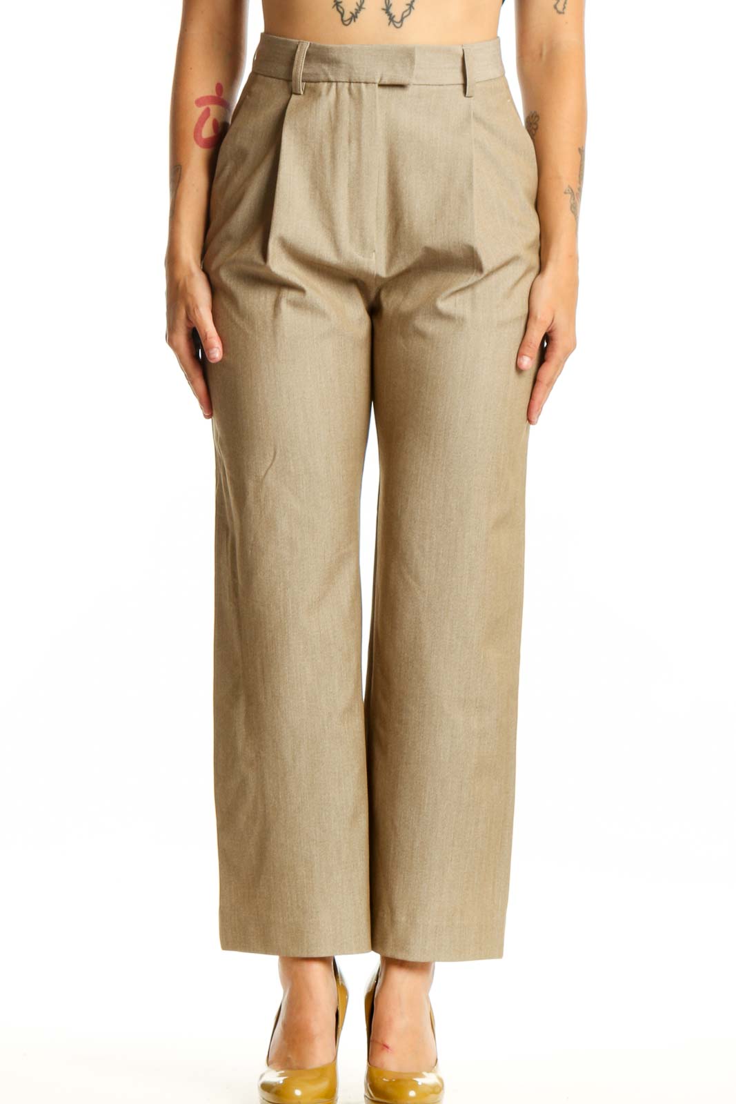 Front view of beige paperbag waist trousers with high-rise fit and cropped ankle length