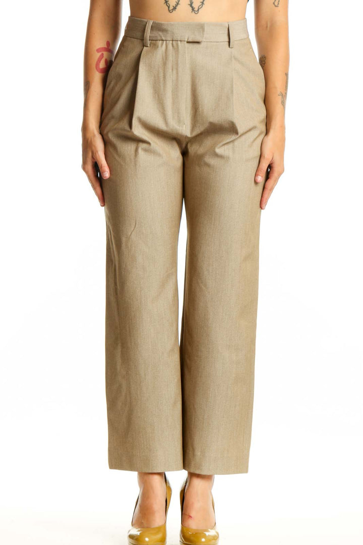 Front view of beige paperbag waist trousers with high-rise fit and cropped ankle length