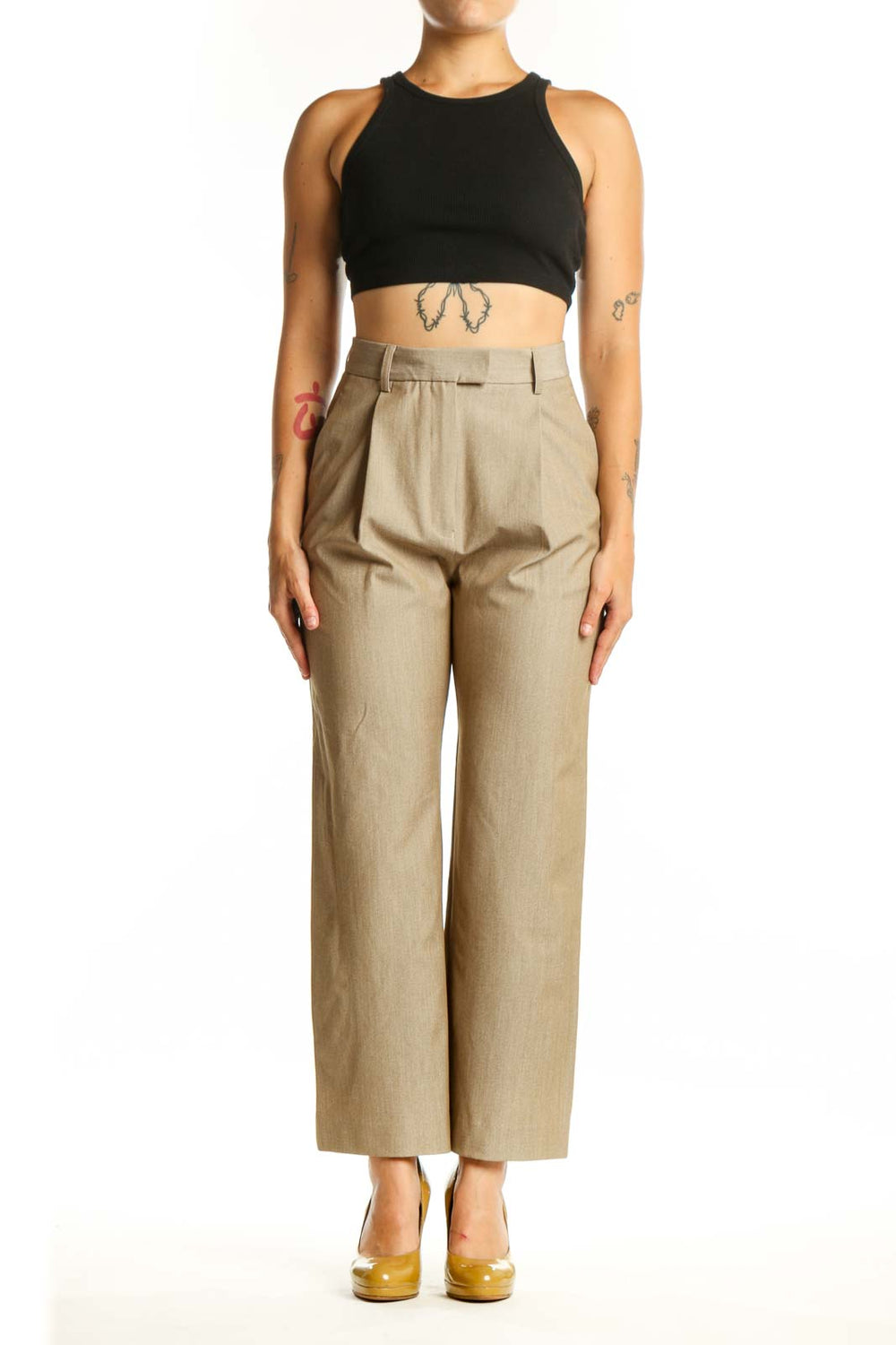 Front view of beige paperbag waist trousers with high-rise fit and cropped ankle length