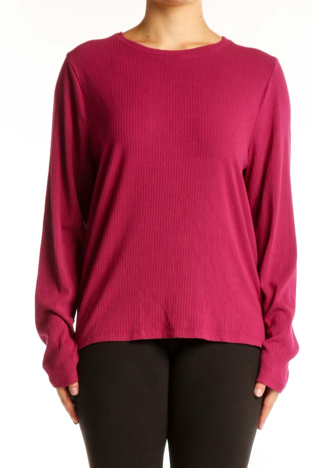 Burgundy ribbed rayon knit sweater with crew neckline and long sleeves, front view