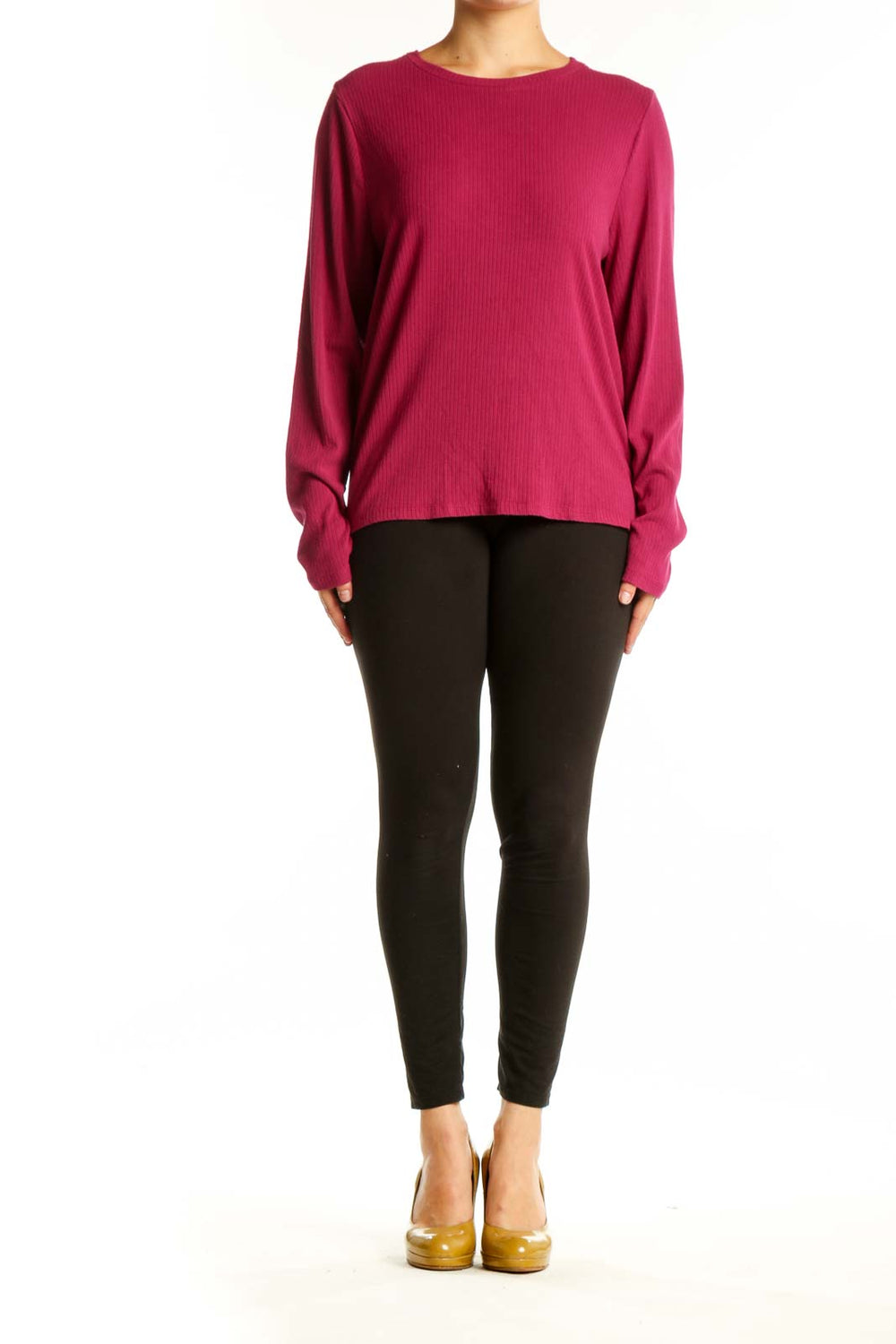 Burgundy ribbed rayon knit sweater with crew neckline and long sleeves, front view