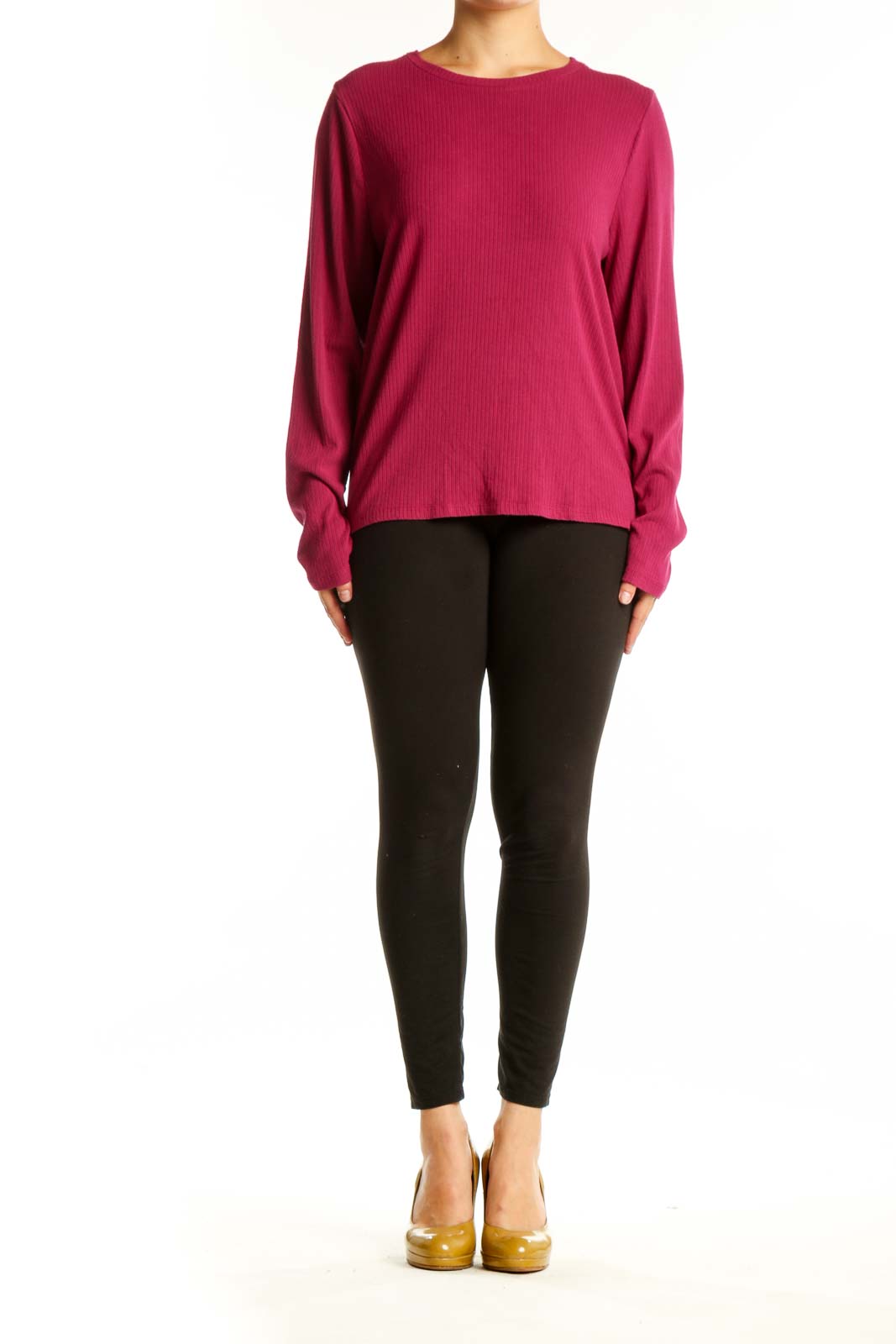 Burgundy ribbed rayon knit sweater with crew neckline and long sleeves, front view