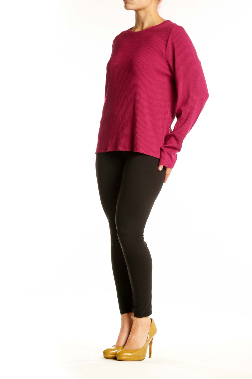 Burgundy ribbed rayon knit sweater with crew neckline and long sleeves, front view