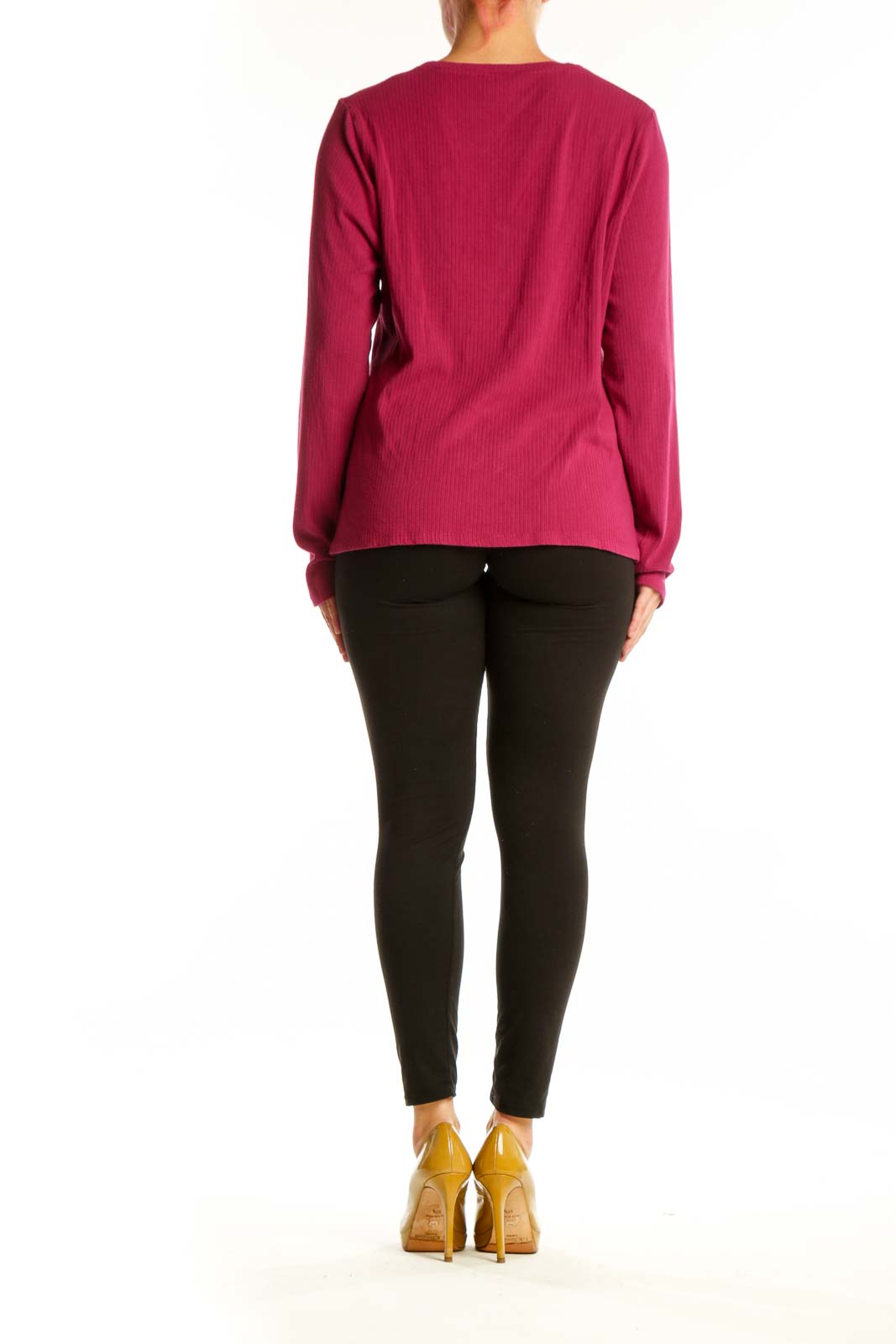 Burgundy ribbed rayon knit sweater back view showing relaxed fit and drape