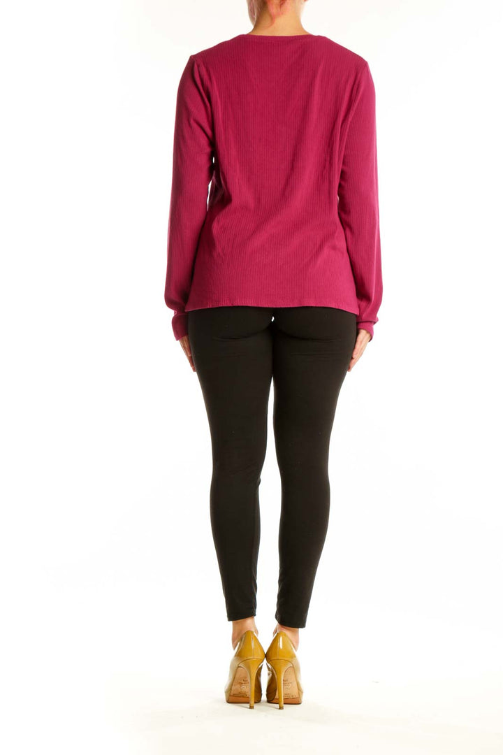 Burgundy ribbed rayon knit sweater back view showing relaxed fit and drape