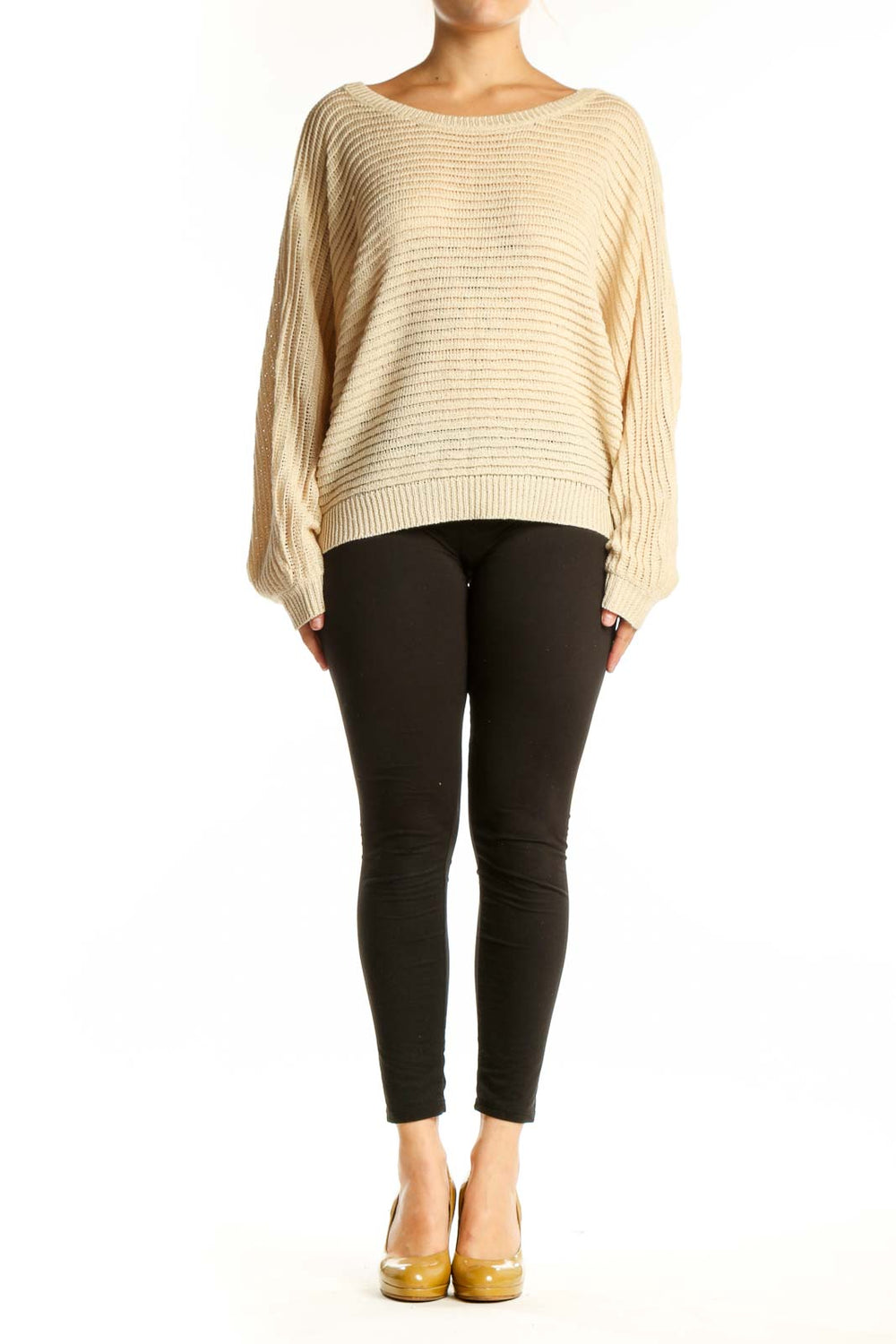 Cream ribbed knit sweater with balloon sleeves and oversized fit, front view
