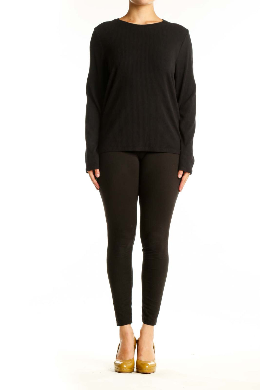 Black ribbed knit long sleeve top with crew neckline, front view on model
