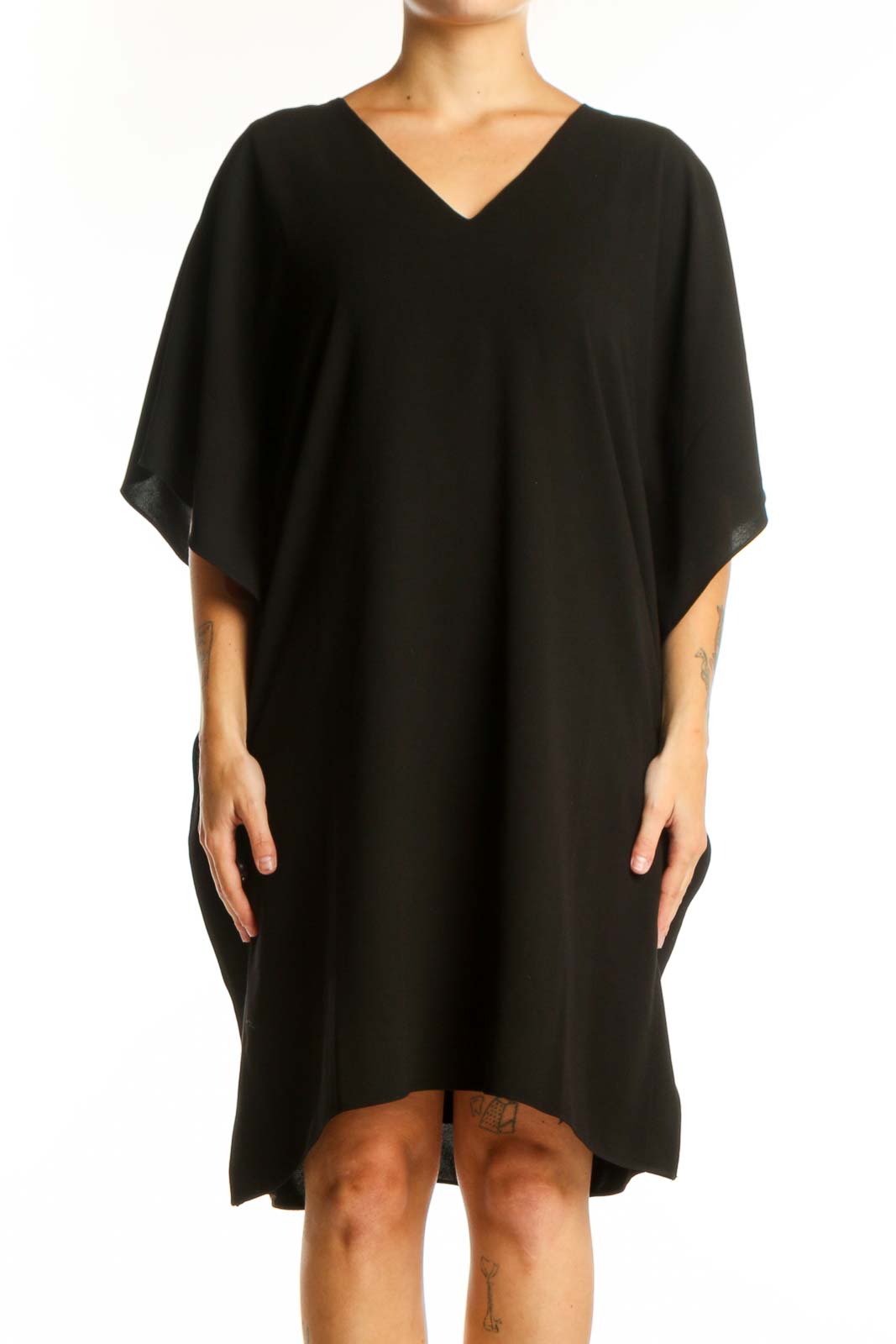 Black V-neck caftan dress with flutter sleeves, front view on model