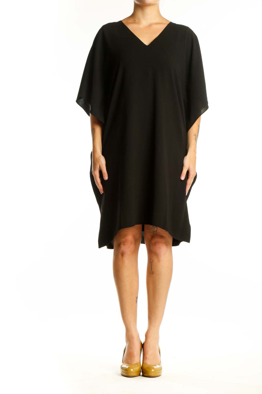 Black V-neck caftan dress with flutter sleeves, front view on model