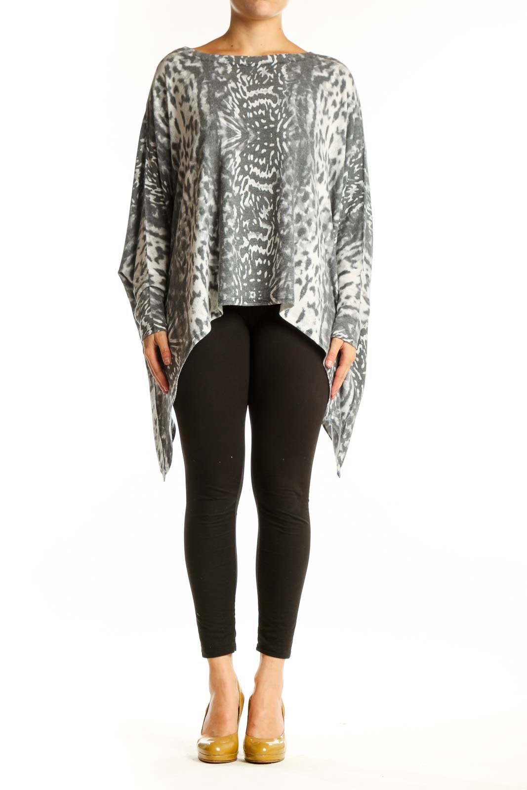 Gray and cream animal print asymmetrical knit top with long sleeves and oversized fit, front view
