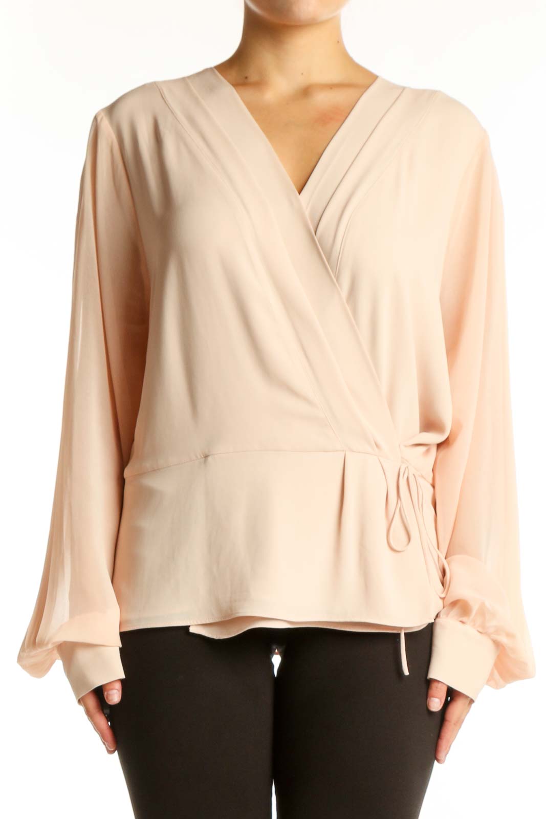 Cream wrap blouse with long sleeves and tie-waist detail, front view