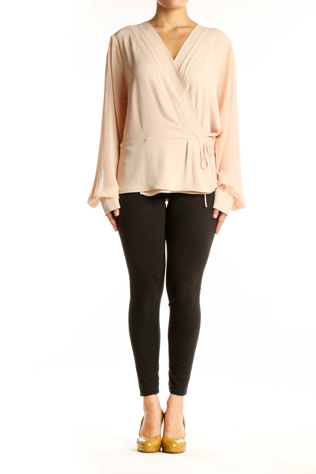 Cream wrap blouse with long sleeves and tie-waist detail, front view