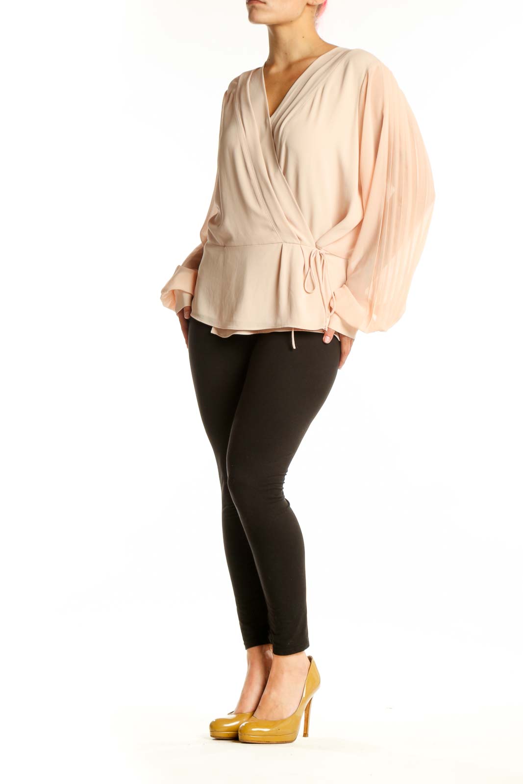 Cream wrap blouse with long sleeves and tie-waist detail, front view