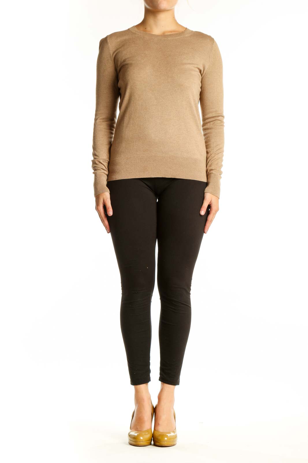 Beige cashmere silk crew neck sweater front view on model
