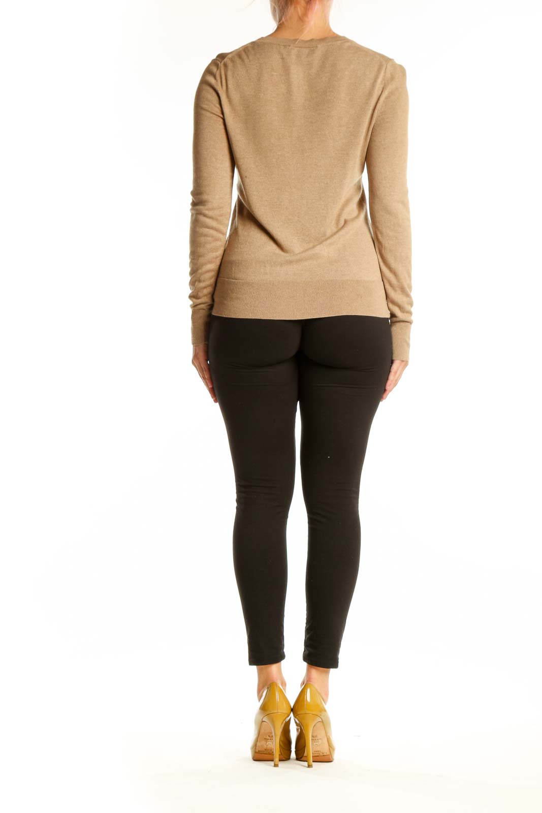 Beige cashmere silk crew neck sweater back view on model