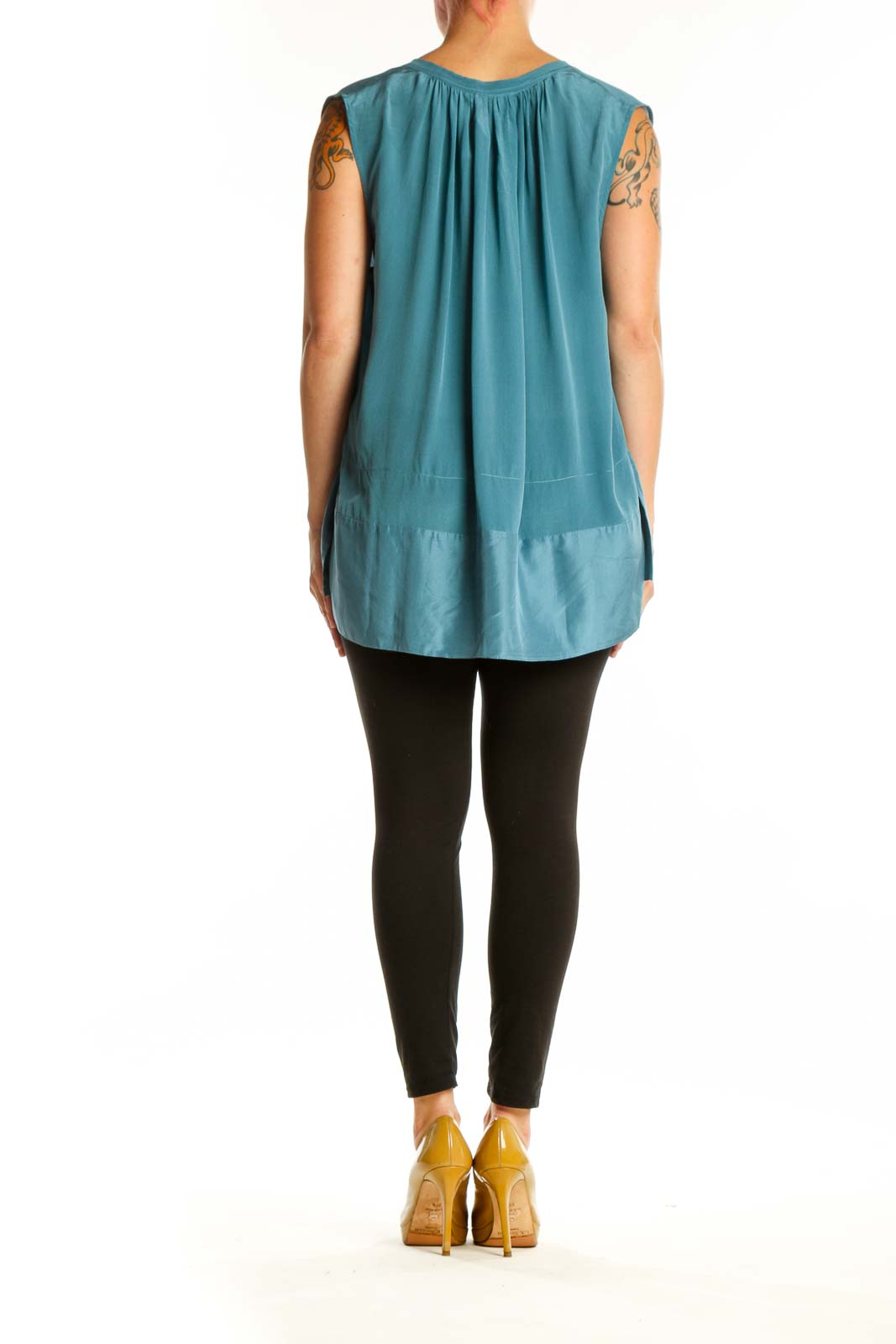 Teal sleeveless top with tiered hem detail, back view on model