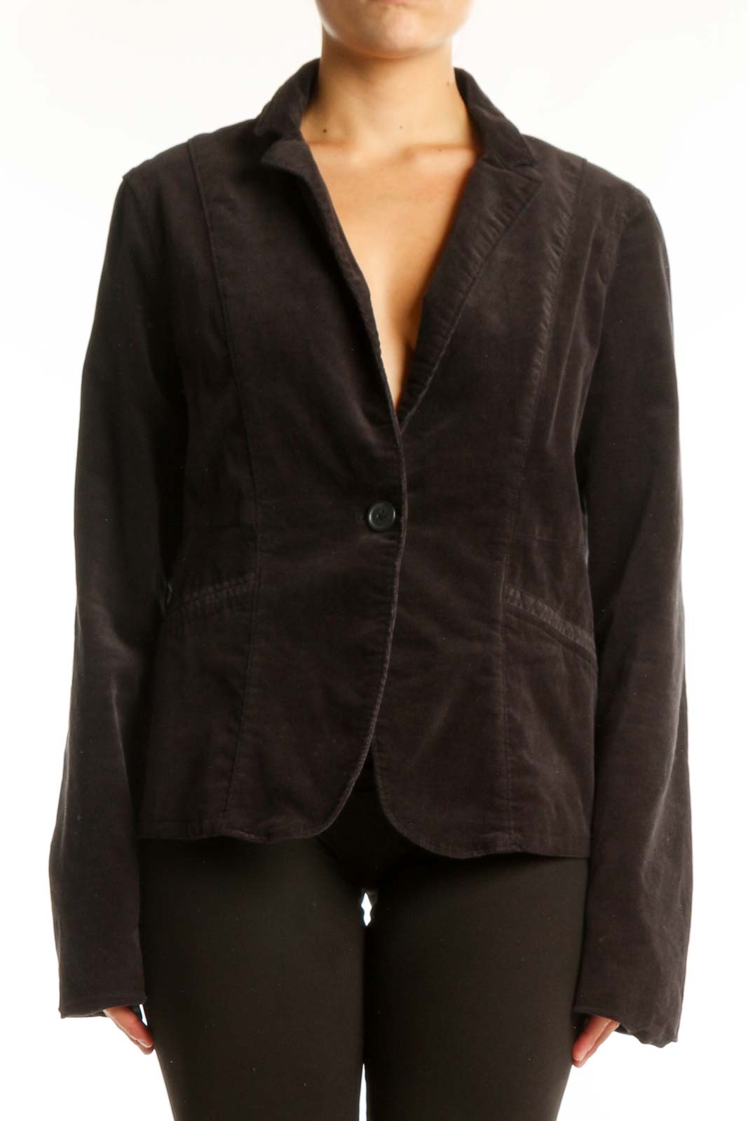 Black corduroy blazer with single button closure and notch lapels, front view