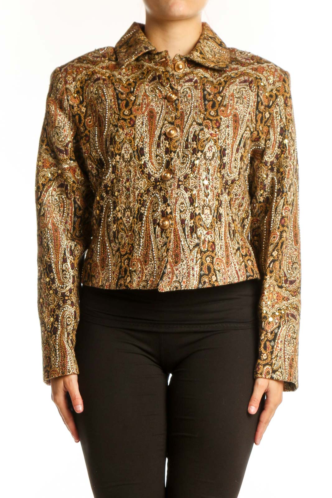Gold paisley cotton button-up shirt with long sleeves and cropped fit, front view