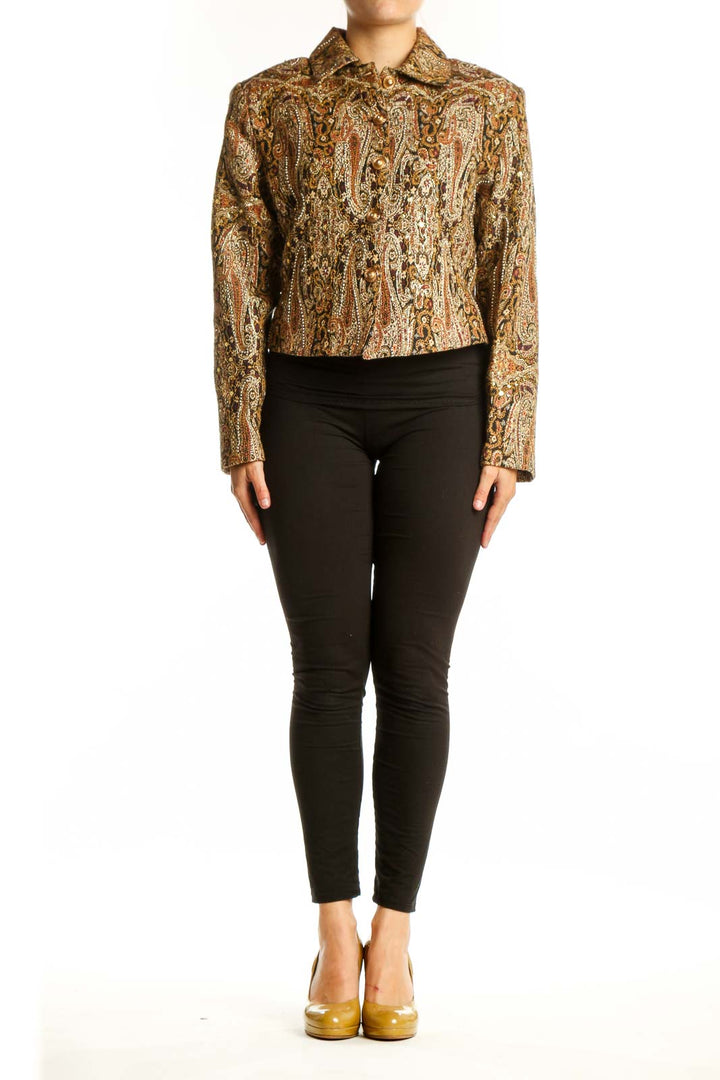 Gold paisley cotton button-up shirt with long sleeves and cropped fit, front view