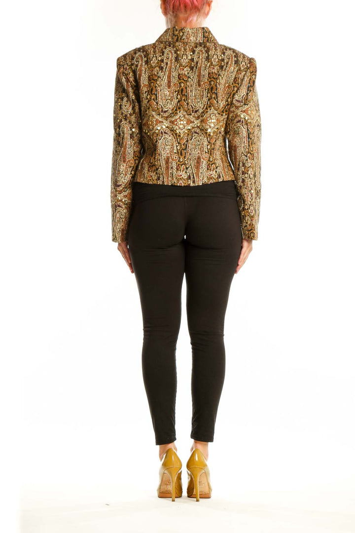 Gold paisley cotton button-up shirt with long sleeves and cropped fit, back view