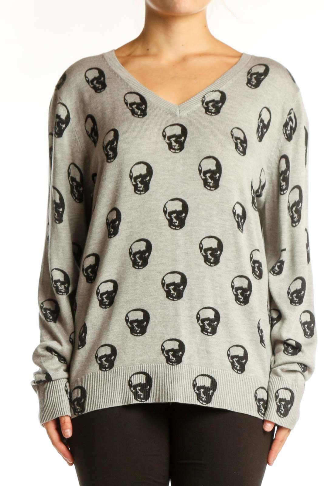 Beige skull print v-neck knit sweater by MAGASCHONI, front view on model