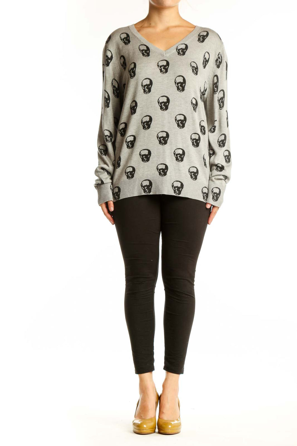Beige skull print v-neck knit sweater by MAGASCHONI, front view on model