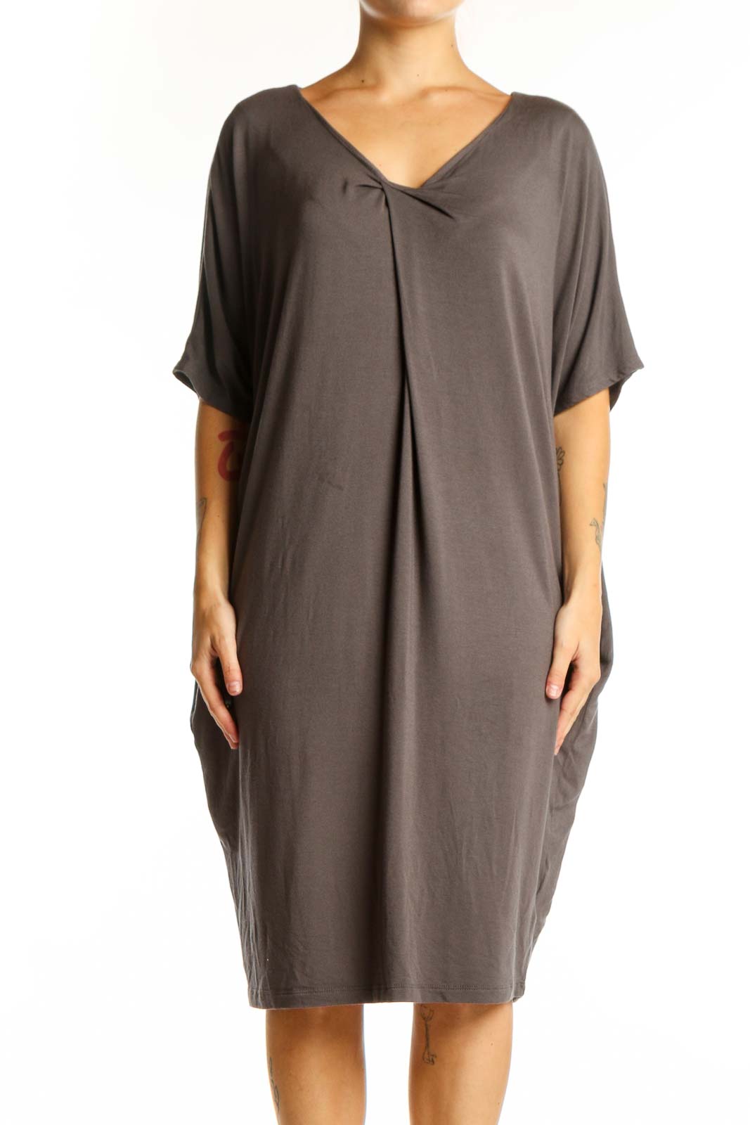 Gray Modal Spandex Shift Dress with V-neckline and three-quarter sleeves, front view