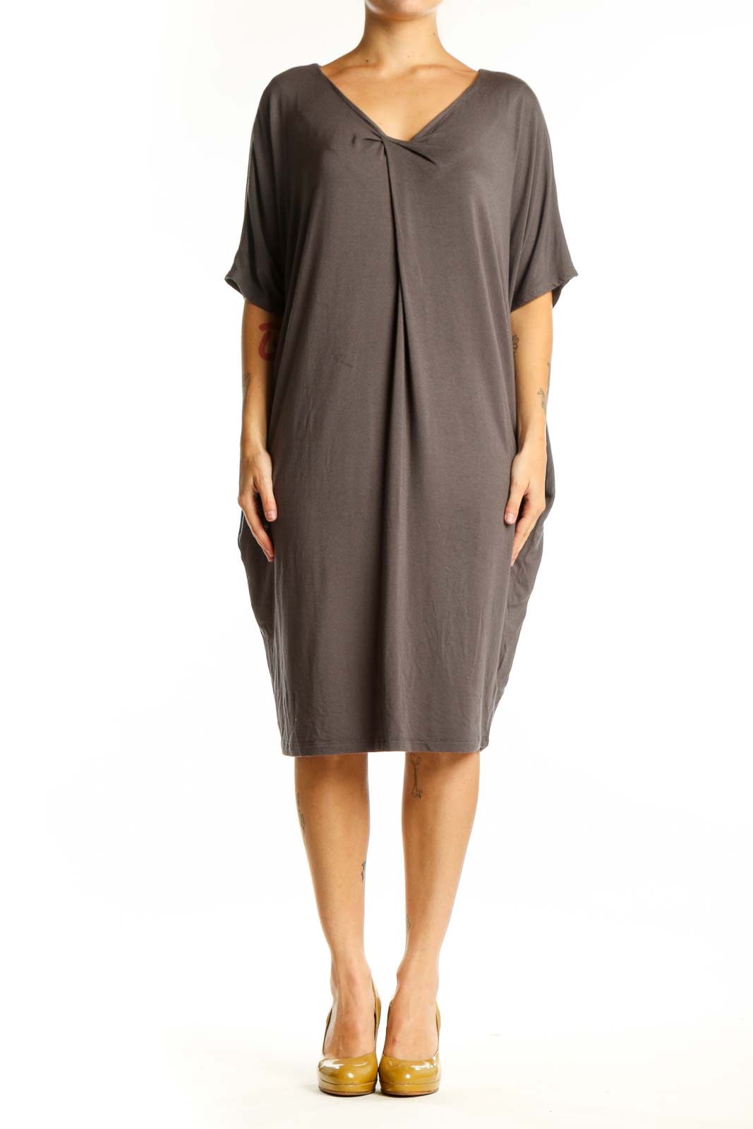 Gray Modal Spandex Shift Dress with V-neckline and three-quarter sleeves, front view