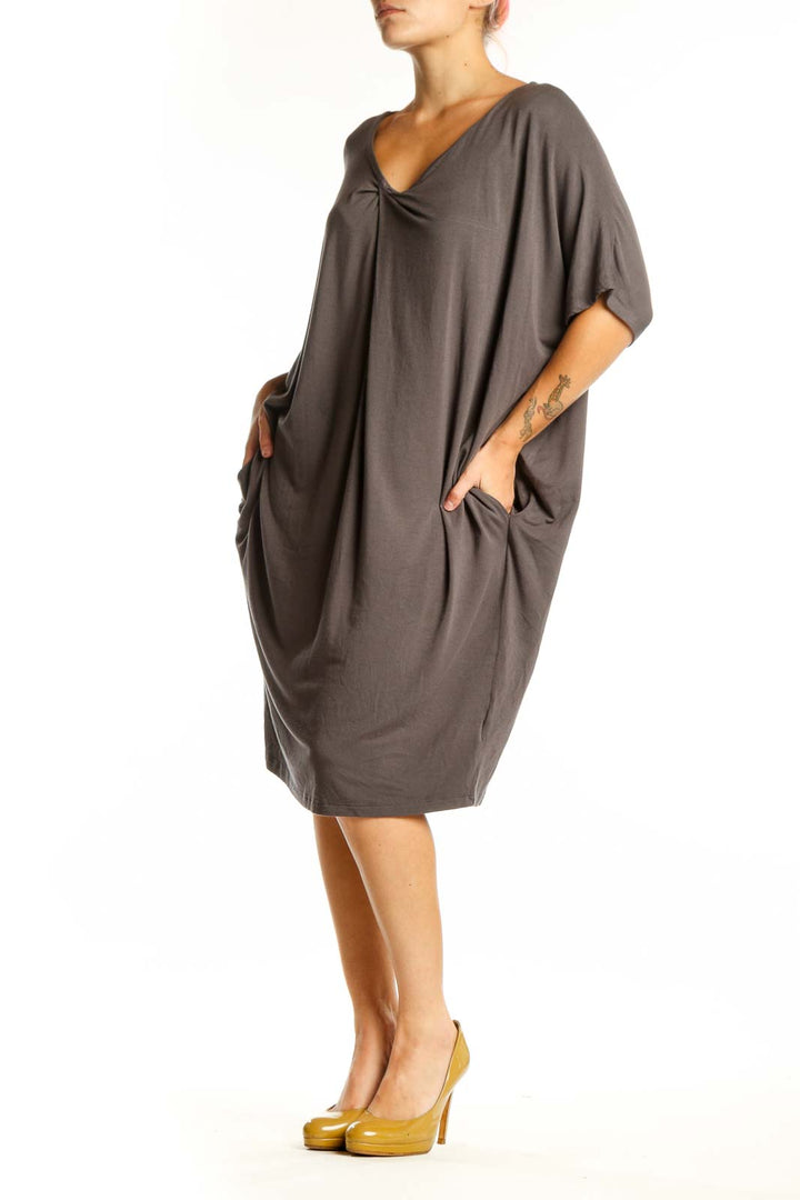 Gray Modal Spandex Shift Dress with V-neckline and three-quarter sleeves, front view