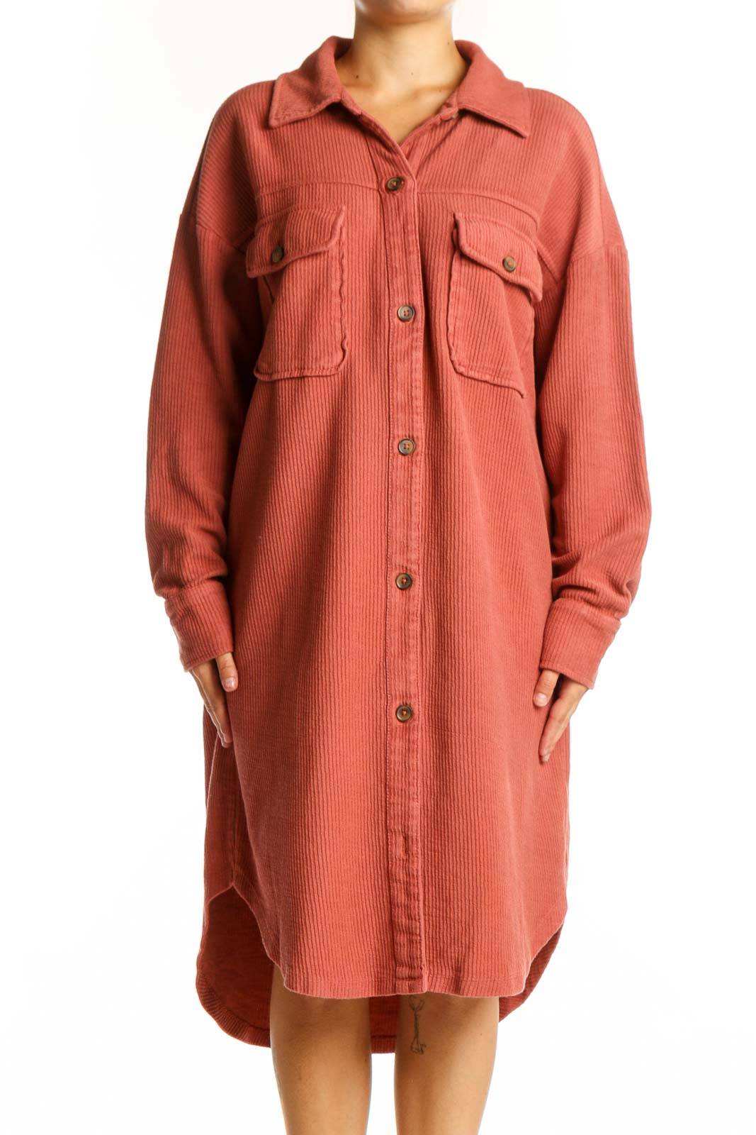 Rust cotton button-up shirt dress by Pilcro with chest pockets and collared neckline, front view