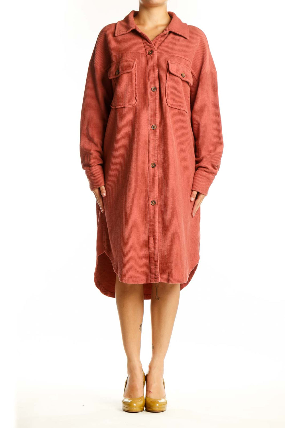 Rust cotton button-up shirt dress by Pilcro with chest pockets and collared neckline, front view