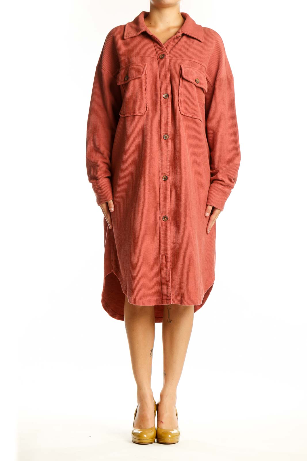Rust cotton button-up shirt dress by Pilcro with chest pockets and collared neckline, front view