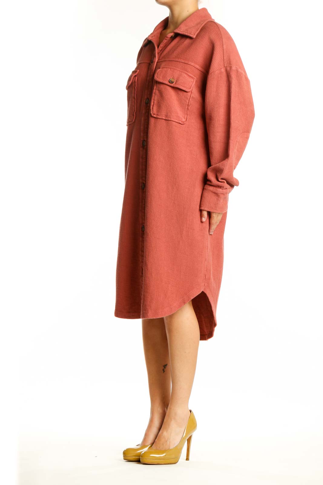 Rust cotton button-up shirt dress by Pilcro with chest pockets and collared neckline, front view