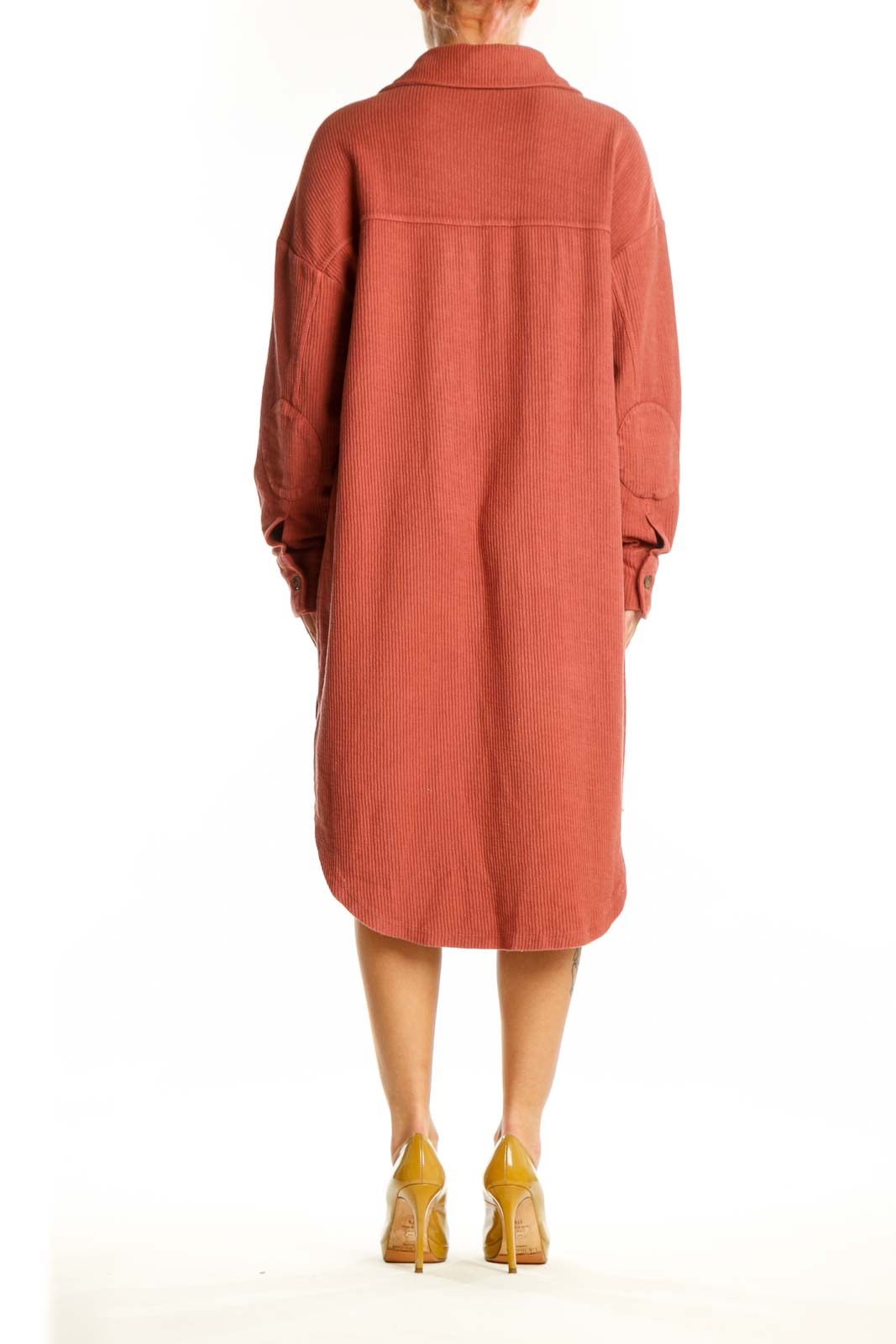 Rust cotton button-up shirt dress by Pilcro with long sleeves and relaxed fit, back view