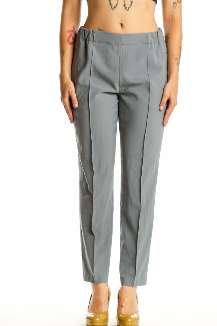 Front view of gray tailored dress pants with elastic waistband from MM. LaFleur, size S