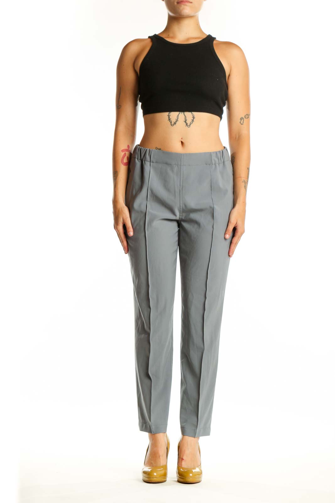 Front view of gray tailored dress pants with elastic waistband from MM. LaFleur, size S