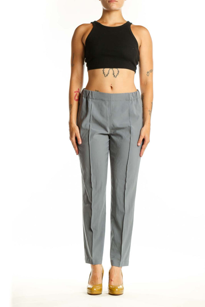 Front view of gray tailored dress pants with elastic waistband from MM. LaFleur, size S