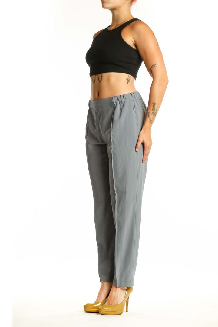 Front view of gray tailored dress pants with elastic waistband from MM. LaFleur, size S