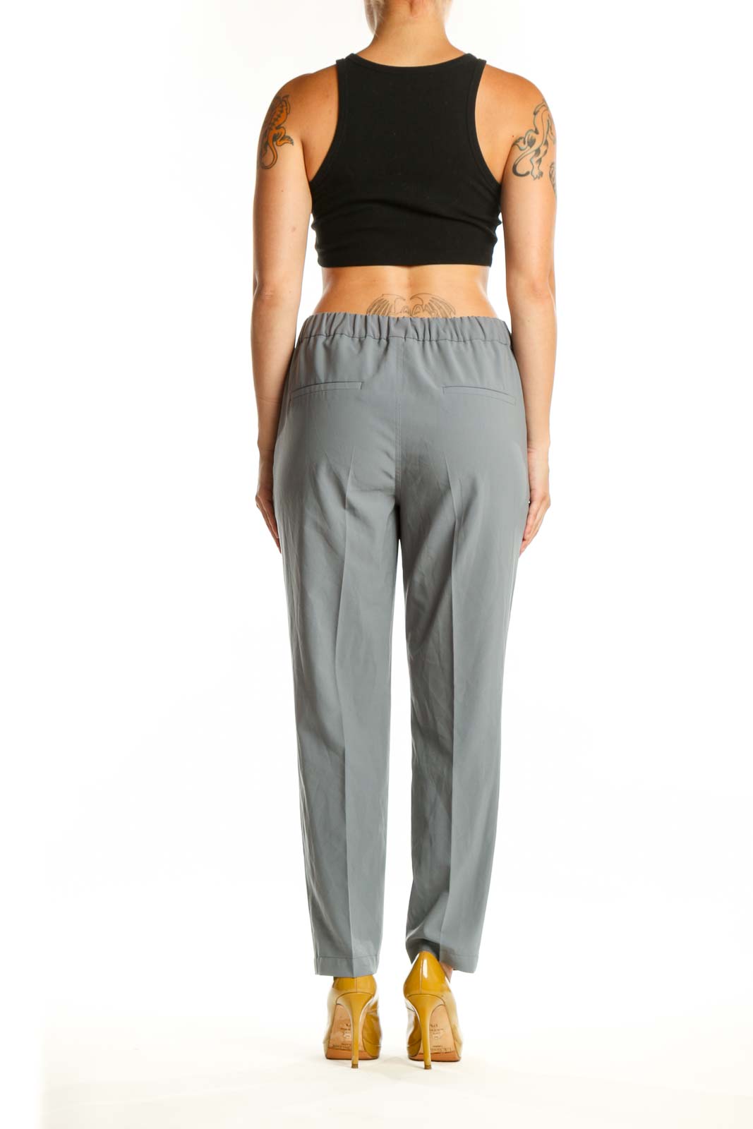 Back view of gray tailored dress pants with elastic waistband from MM. LaFleur, size S