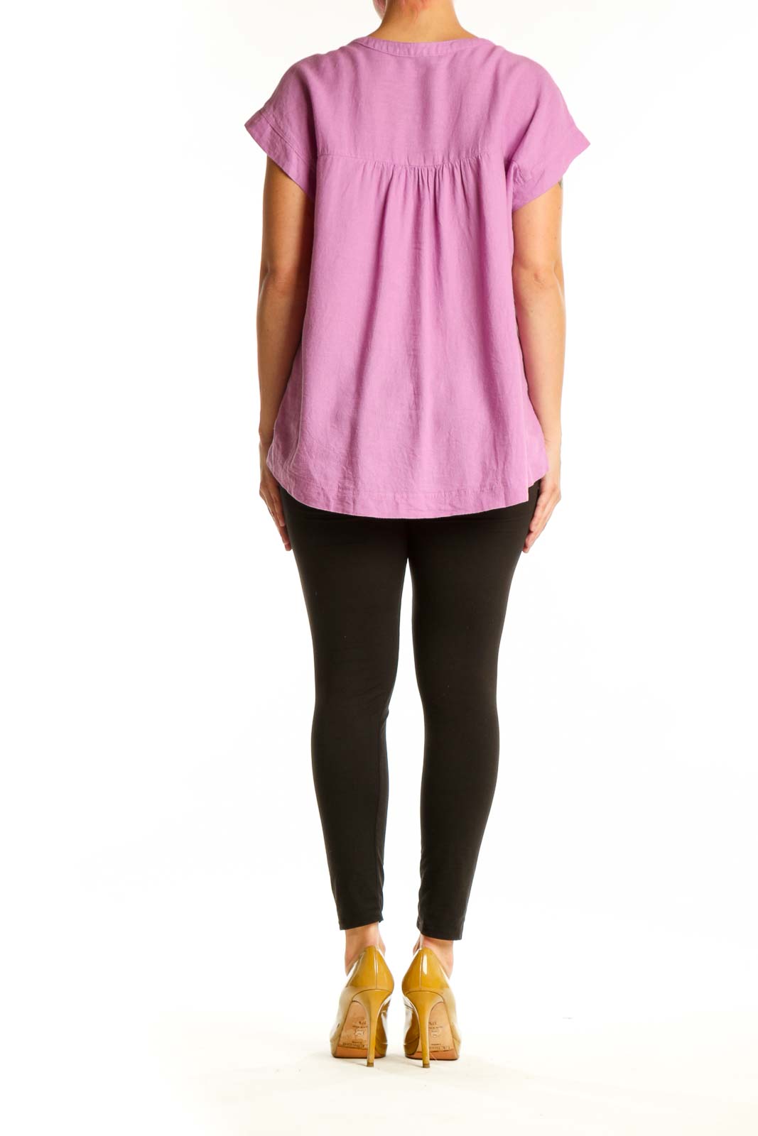 Splendid pink linen viscose short sleeve top back view, showing relaxed fit and draping