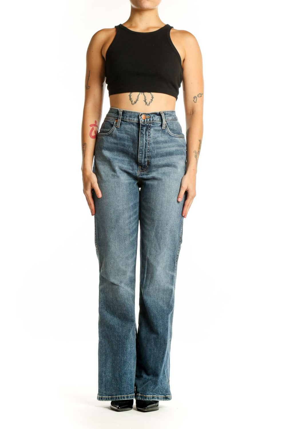 Front view of blue medium wash Wrangler flare jeans with high waist and five-pocket styling