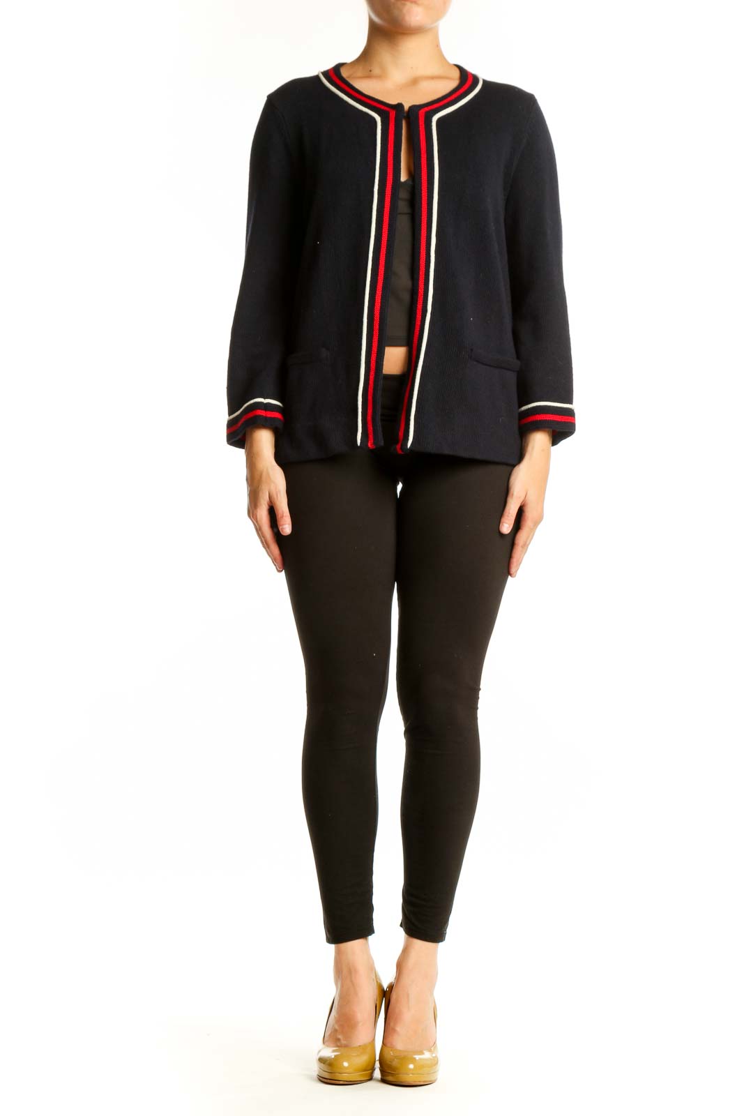 Black cotton cardigan with red, white, and navy striped trim and crew neckline, front view