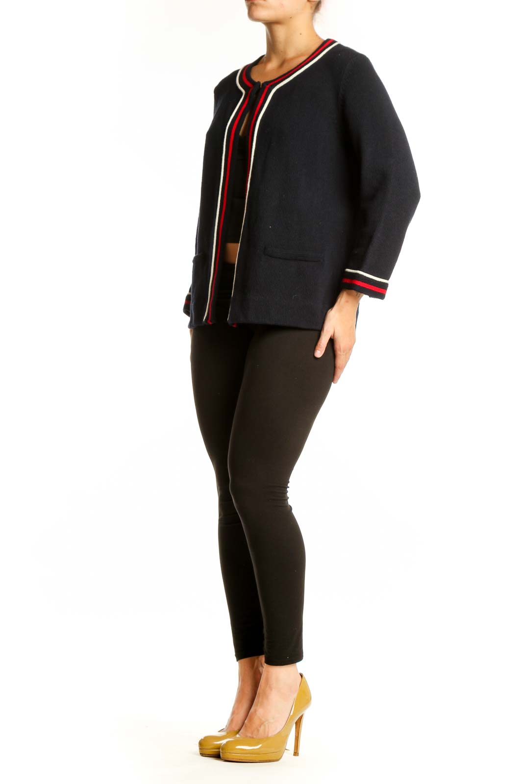 Black cotton cardigan with red, white, and navy striped trim and crew neckline, front view