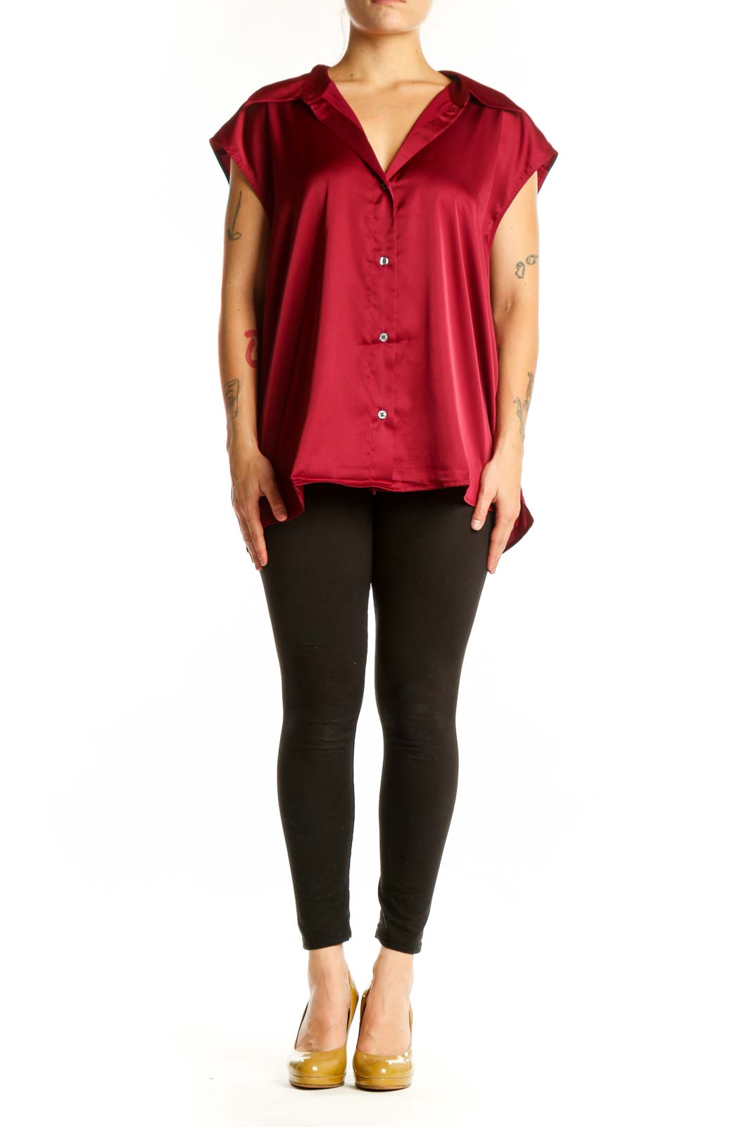 Burgundy button-up cap sleeve blouse with V-neckline, front view on model