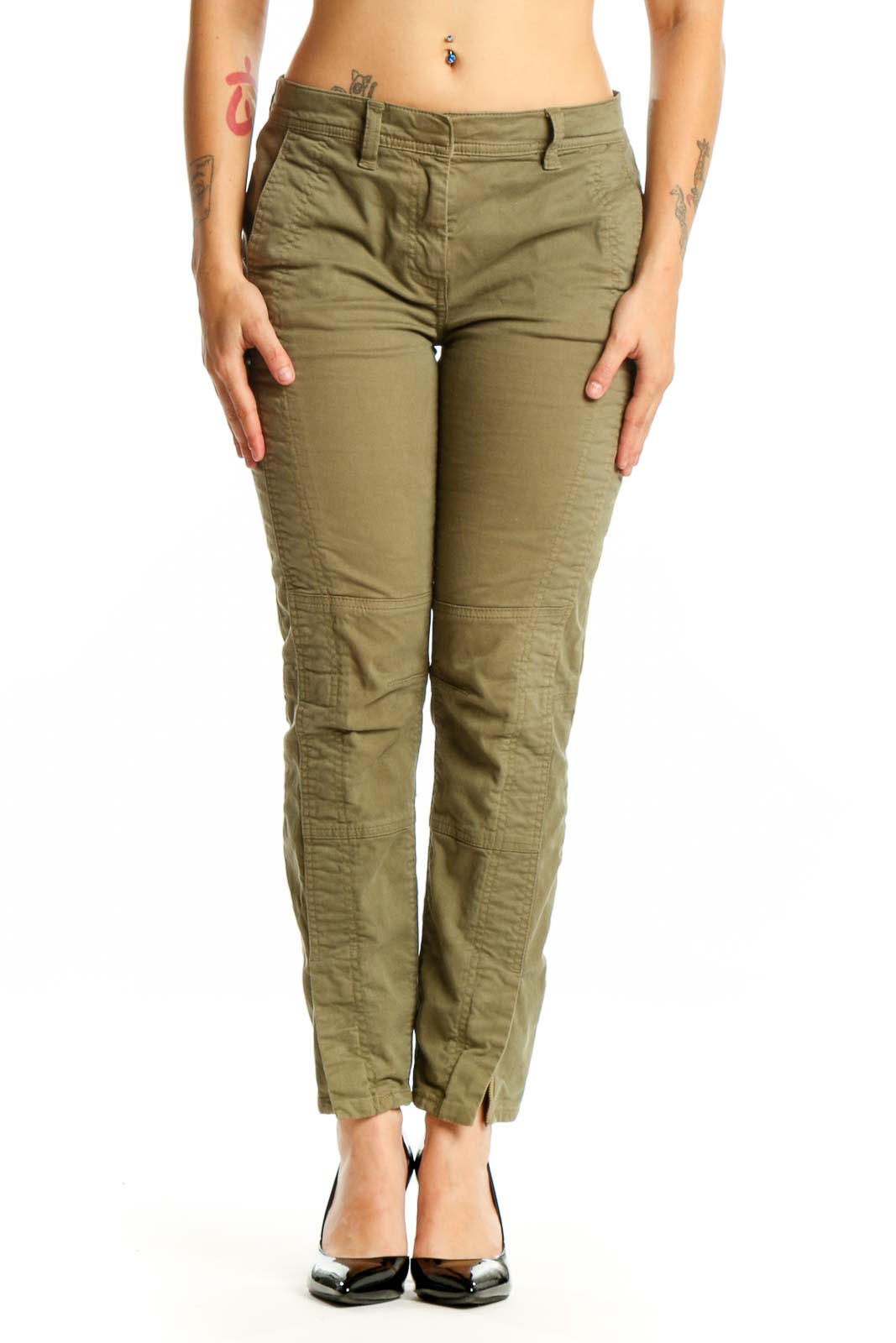 Front view of olive green cargo pants with textured weave and cargo pockets, size M