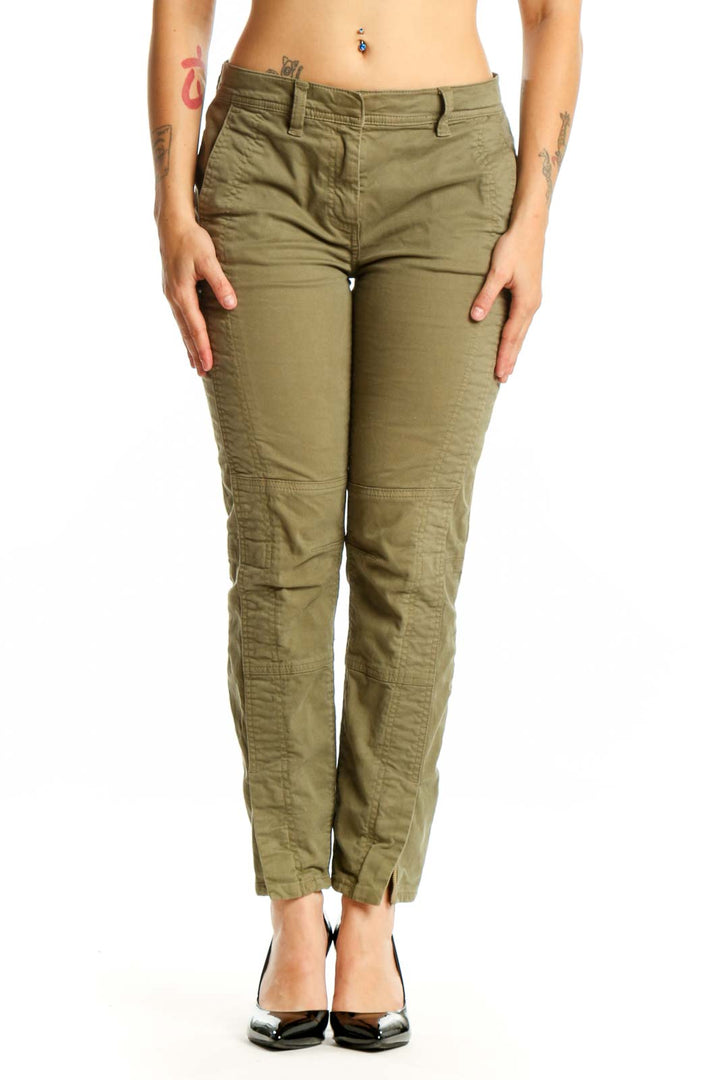Front view of olive green cargo pants with textured weave and cargo pockets, size M